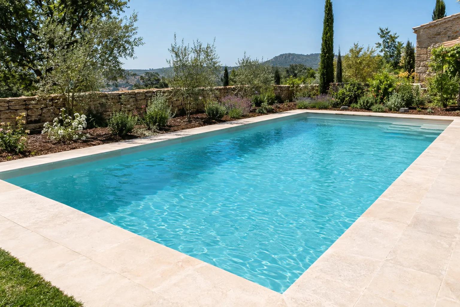 Un bassin neuf mis en eau, margelles en pierre claire et jardin provençal