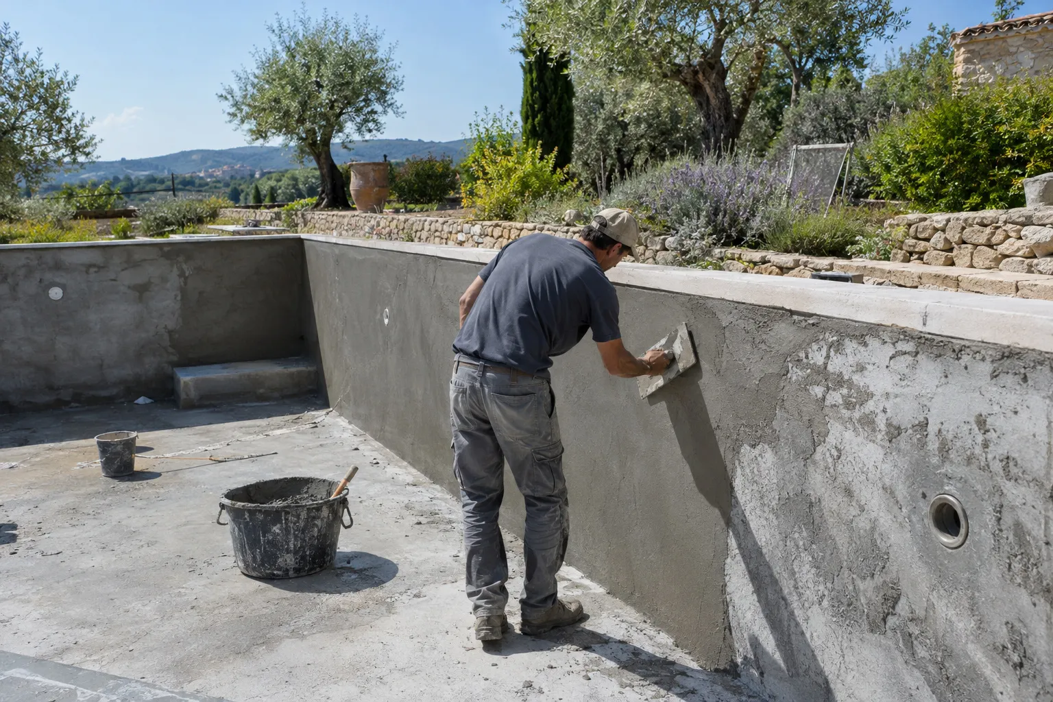 Un artisan applique l’enduit sur la paroi d’un bassin béton vidé