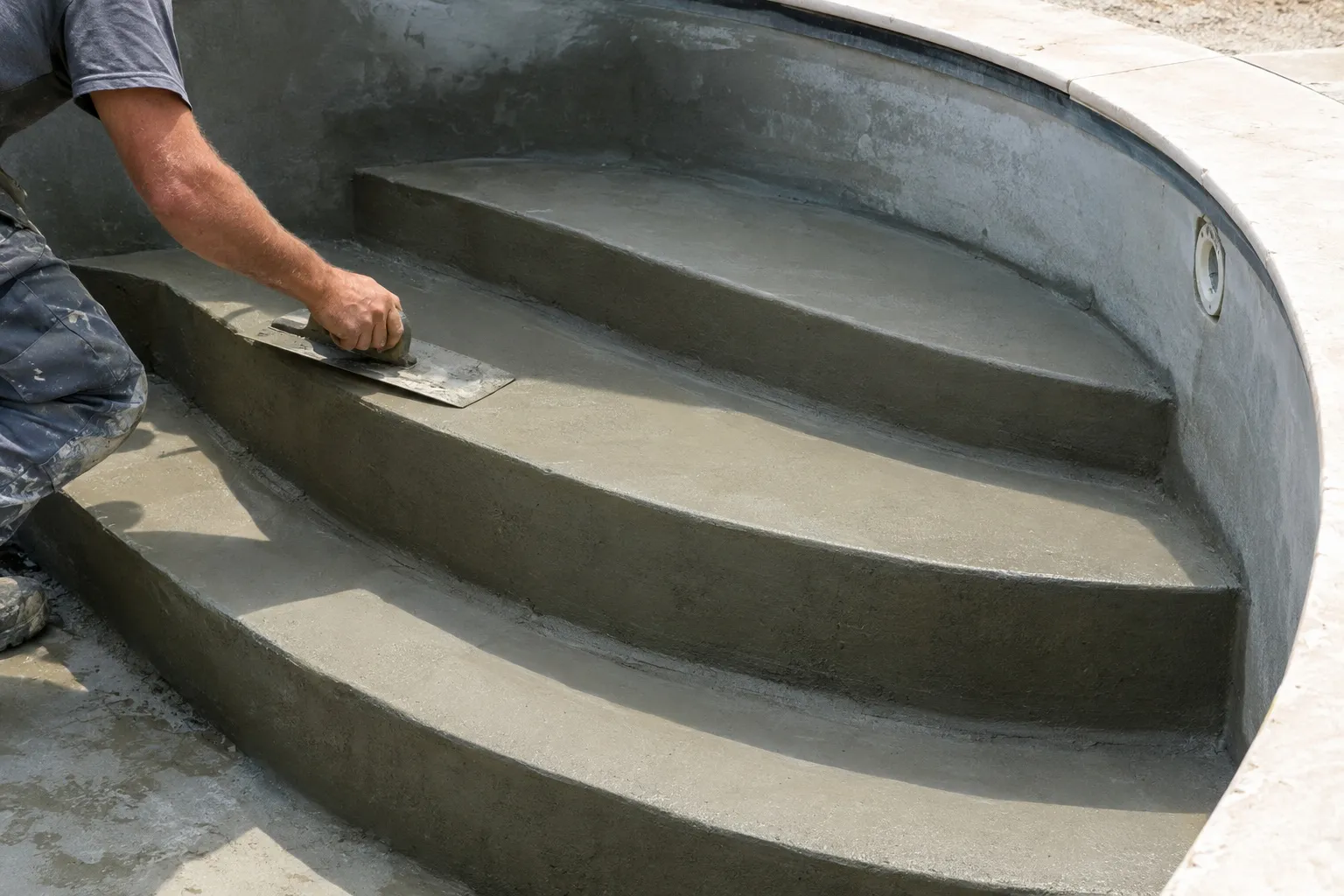 Un artisan lisse à la taloche les marches courbes d’un escalier roman en béton