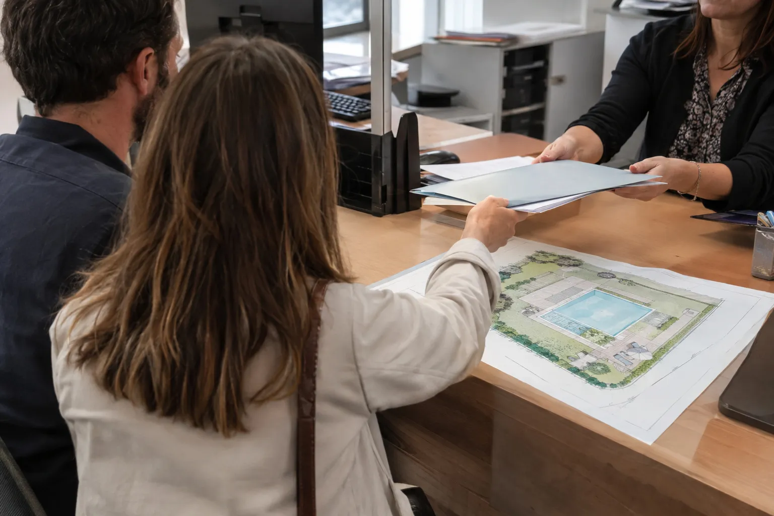 Un couple remet un dossier et un plan de jardin avec piscine au guichet d’une mairie