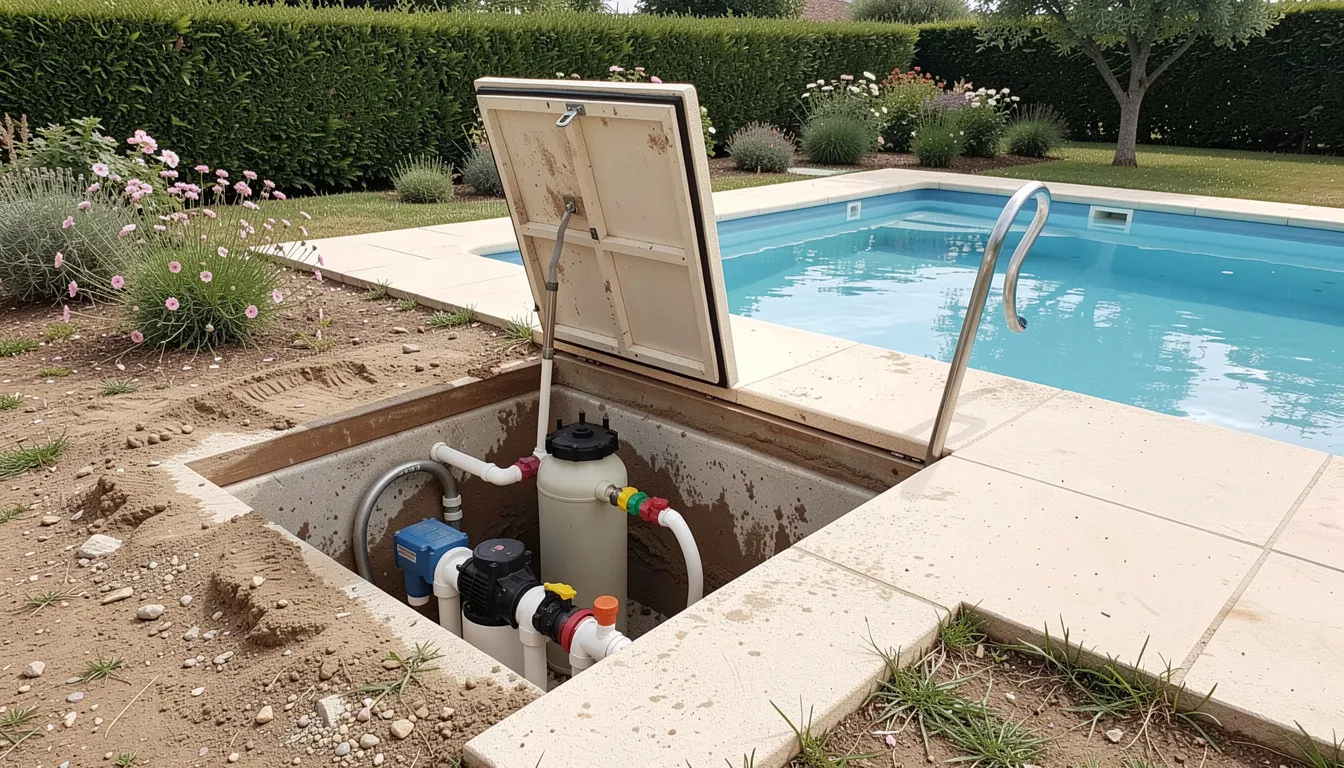 Local technique enterré près d'un bassin, trappe ouverte sur la pompe, le filtre à sable et les vannes