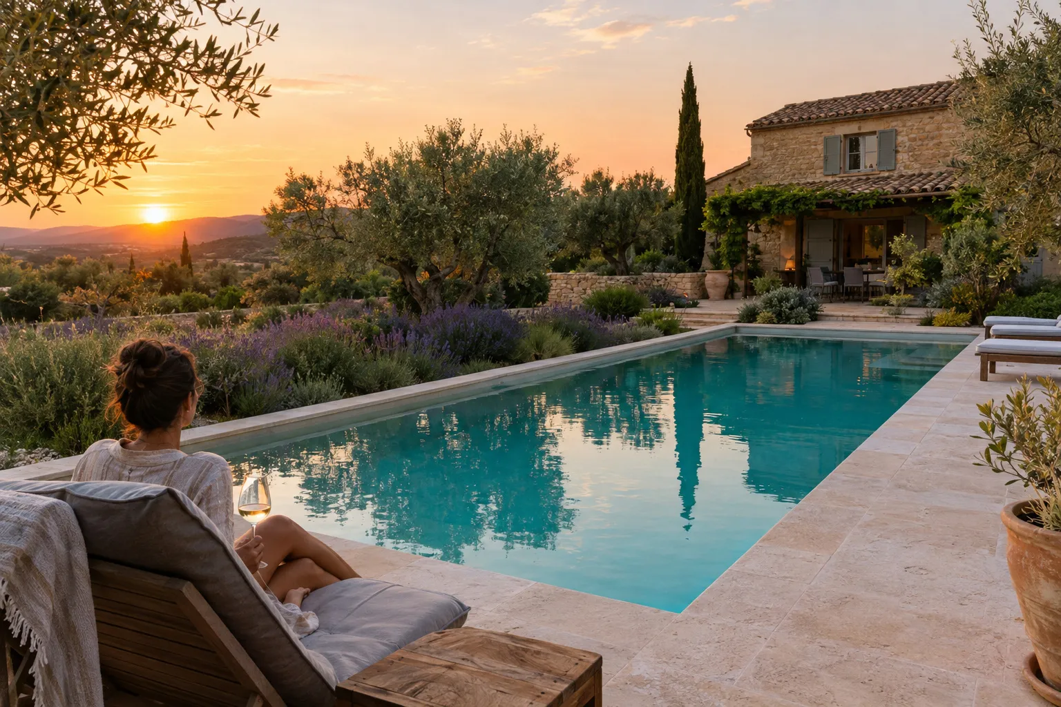 Piscine rectangulaire au coucher du soleil, terrasse en pierre claire et jardin méditerranéen