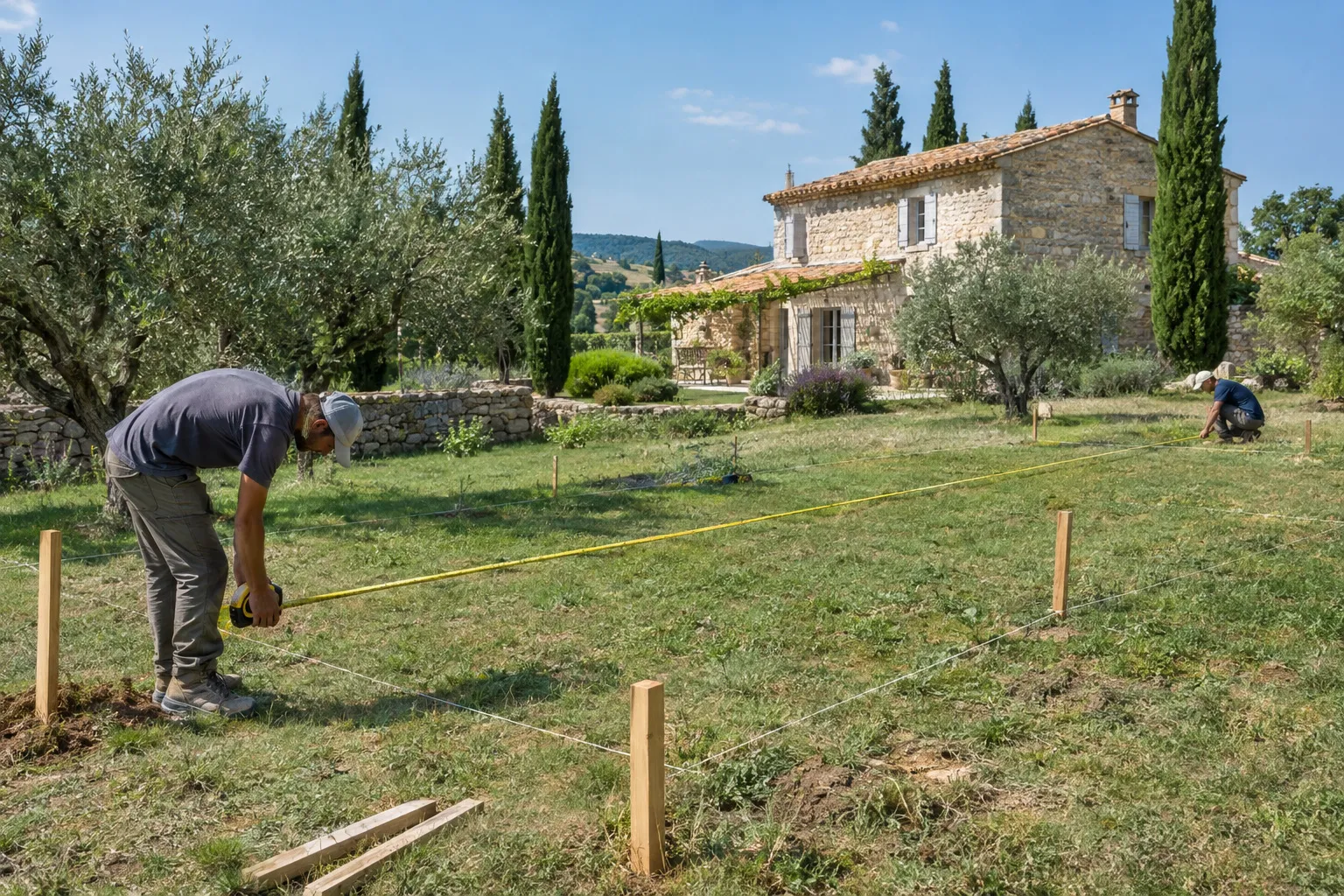 Deux artisans mesurent un jardin au mètre et piquettent l’emplacement d’une future piscine