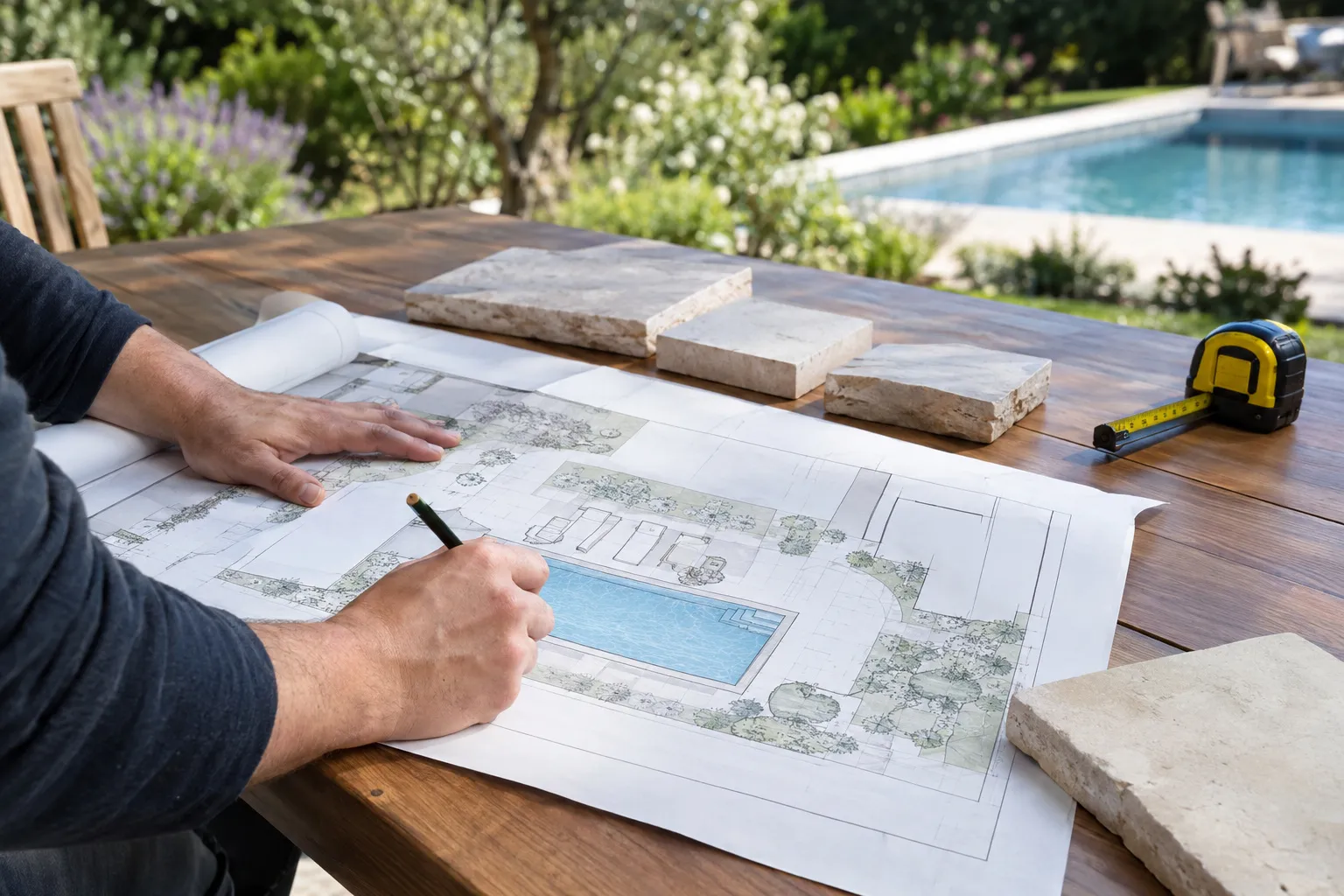 Plan de piscine et échantillons de margelles posés sur une table