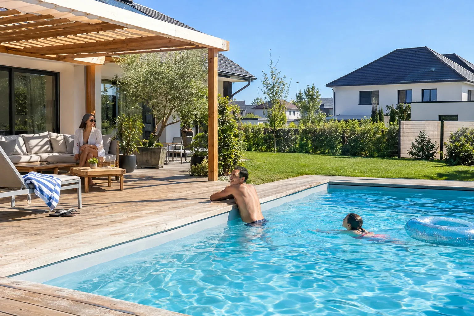 Piscine de lotissement avec terrasse en bois et pergola