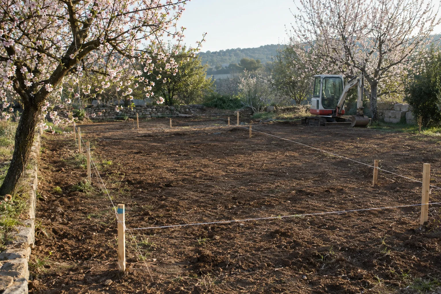 Un terrain au printemps avec piquets et cordeau marquant l’emplacement d’une future piscine, amandiers en fleurs