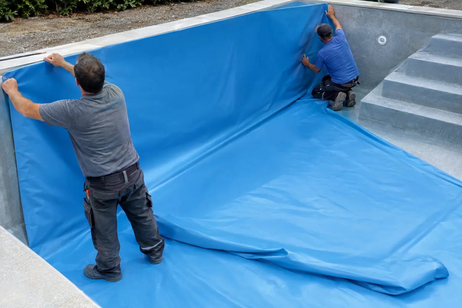 Deux ouvriers posent un liner bleu dans un bassin vidé